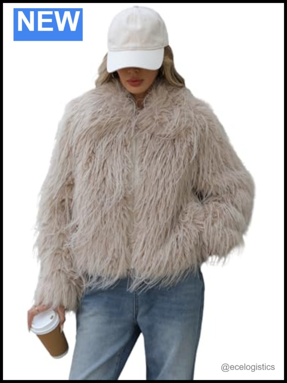 Luxury Faux Fur Jacket Cropped Shaggy Coat Beige Zipper Side Pockets